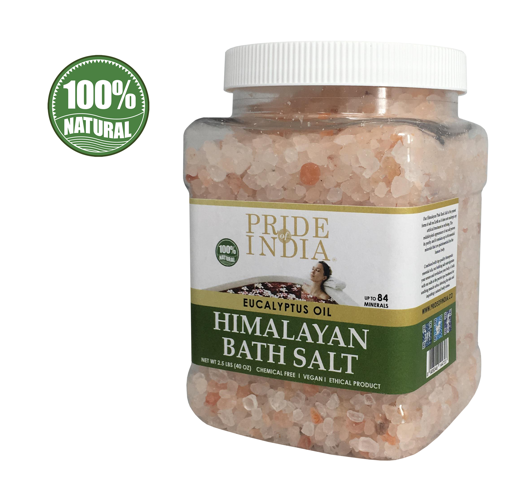 Himalayan Pink Bathing Salt - Enriched w/ Eucalyptus Oil and 84+ Minerals, 2.5 Pound (40oz) Jars - Pride Of India